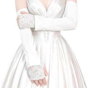Women's White-01 Arm Sleeves  Satin Lace Long Gloves Wedding Party Tea Prom